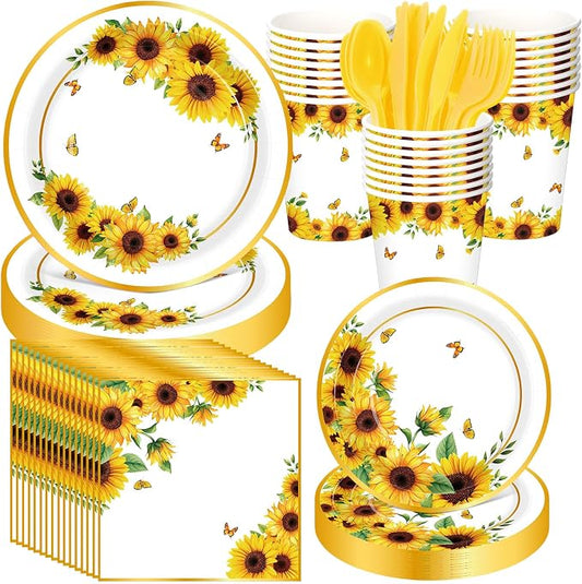 Funnymoom 400 Pcs Sunflower Party Supplies for 50 Guests Disposable Plates Napkins Cups Spoons Forks Knives for Birthday Wedding Bridal Shower Baby Shower Decorations(Yellow, Sunflower)