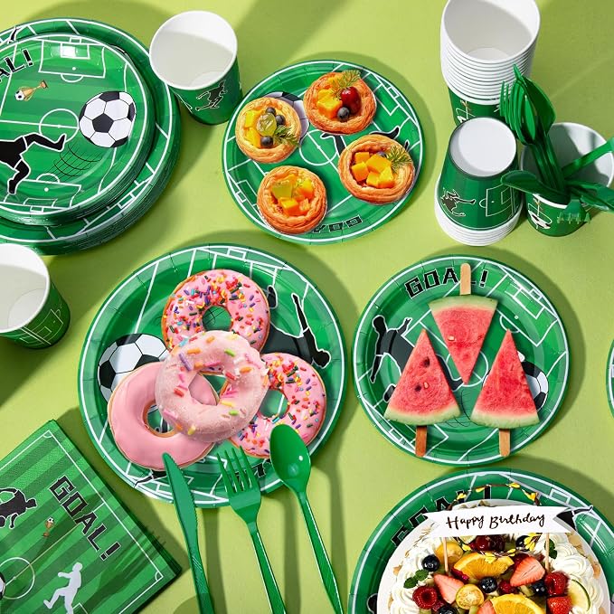 Cecnamt Soccer Birthday Decorations, 170 Pcs Soccer Party Decorations Including Banner, Plates, Cups, Napkins, Cutlery, Straws and Tablecloths, Serves 24