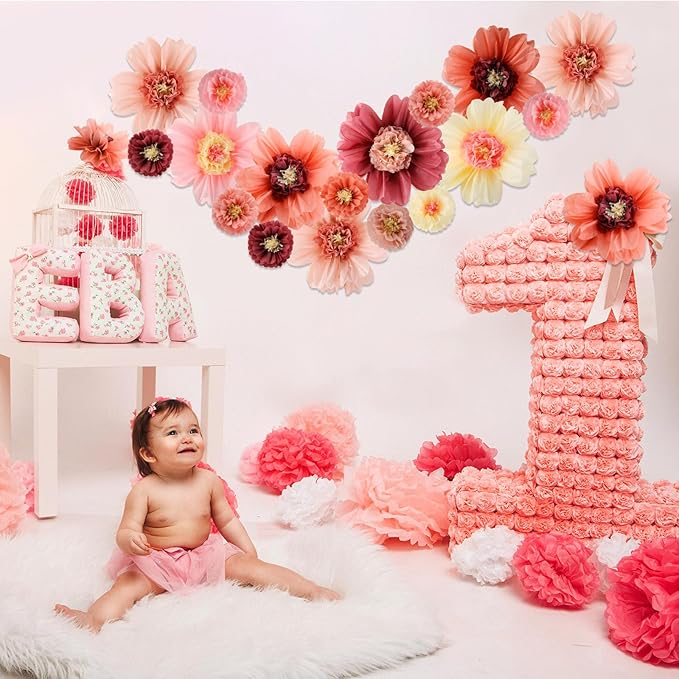 Crowye 36 Pcs Large Colorful Tissue Paper Flowers Decorations Giant Fiesta Craft Crepe Paper Flowers for Wall Decor Backdrop Mexican Wedding Birthday Carnival Party (10'' 20'',Vintage Color)