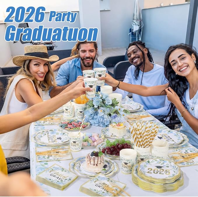 Funnymoom 452 Pcs Class of 2026 Blue Floral Graduation Decoration Party Supply for 50, Blue Gold Congrats Grad Paper Plates Napkins Cup Tablecloth Cutlery Straw for Freshly Graduated Decoration