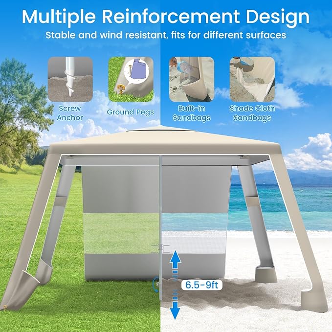 MoKo Beach Cabana, 8'×8' Large Beach Canopy with Side Wall, UPF 50+ Protection Easy Setup Beach Tent Sun Shelter, Adjustable Height Wind Resistant Cabana Beach Tent for Whole Family, Khaki