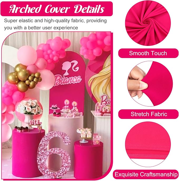 Metal Arch Stand and Cover Set,1 Fushia Spandex Fitted Backdrop with 1 Gold Wedding Arched Stand Frame for Parties Birthday Baby Shower Bridal Banquet Decoration (6.6FT)