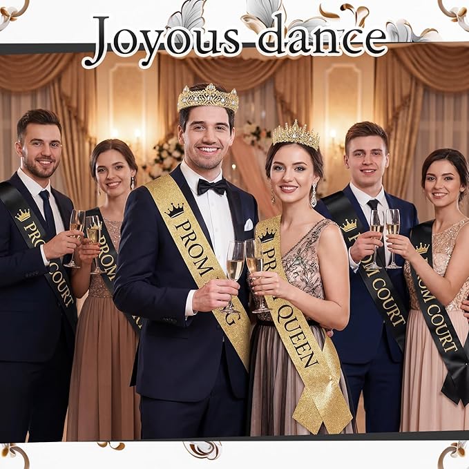 Retrowavy 12 Pcs Prom Crown and Sash Set, Prom King and Queen Tiara Rhinestone Crown Satin Sash for Graduation Party