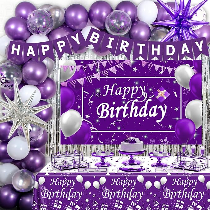Purple Birthday Decorations for Women Girls, Lavender Purple Silver Party Decorations Kit with Happy Birthday Banner Backdrop Tablecloth Fringe Curtain Balloon Arch