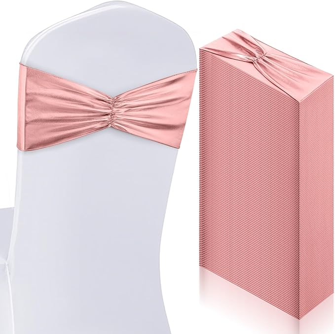Hahafelt 50 pcs Chair Sashes Shiny Bow Spandex Bands for Chair Wedding Banquet Parties Reception Restaurant Decoration, Rose Gold