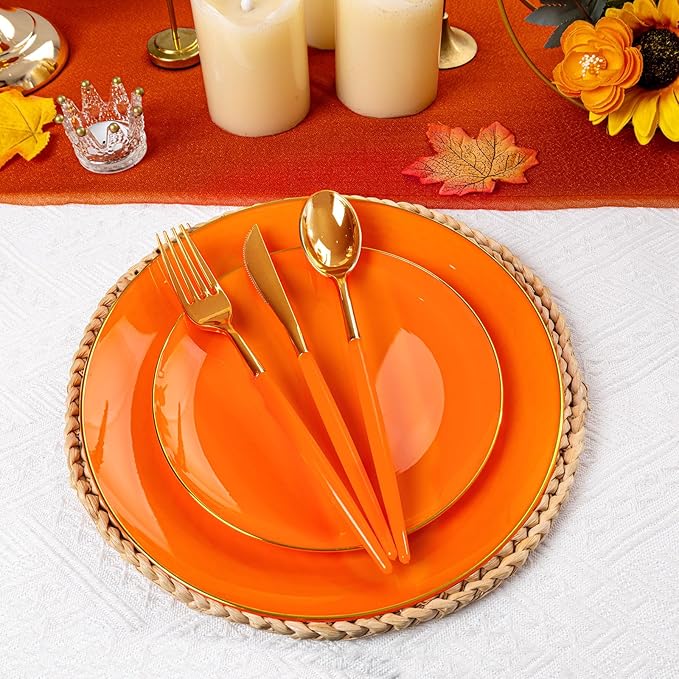 DaYammi 150Pcs Orange Plastic Plates & Gold Cutlery Set - Orange Disposable Plates with Gold Rim Includes 30 Dinner Plate,30 Dessert Plate,30 Knives,30 Forks,30 Spoons Perfect for Party Wedding