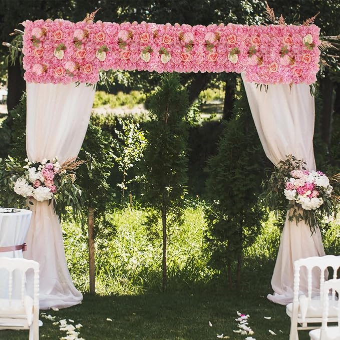 3D Flower Wall Backdrop - 12Pcs 15×15 Inch Artificial Rose Panels Pink Silk Floral Decor for Home Party Wedding Anniversary Birthday Photographic Studio Background & Decorative Fences