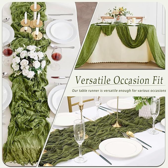 10 Pack Olive Green Cheesecloth Table Runner 17x108 Inch Semi Sheer Boho Rustic Gauze Cheese Cloth Table Runners for Wedding Party Birthday Baby Shower Home Décor