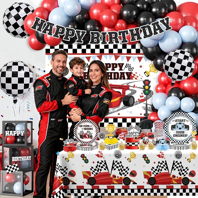 Race Car Birthday Party Decorations for Boys, 293PCS All-in-One Car Themed Birthday Party Decorations Set for 25 Guests, with Balloon Arch, Banner, Plates, Tablecloths and Cupcake Toppers