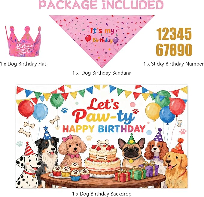 Dog Birthday Party Supplies,72X43Inch Let's Pawty Dogs Kids Birthday Party Banner Birthday Girl Cake Bandana Triangle Scarf Party Hat with Numbers for Large Medium Small Dog