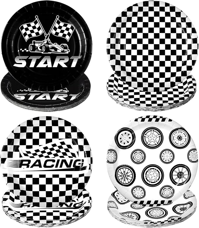 Funnymoom 60 Pcs Race Car Birthday Party Decorations 9 Inch Checkered Flag Disposable Paper Plates Racing Themed Dessert Dinnerware for Birthday Baby Shower Home Party Supplies, 4 Style