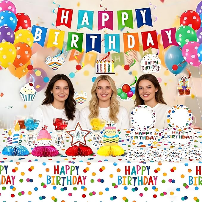 Colorful Dots Party Decorations,155pcs Happy Birthday Themed Party Decorations Include Tablecloth,Plate and Napkin,Cup,Fork,Banner,Balloon,Honey Comb ,Hanging Swirls, Colorful Party Supplies Serve 24
