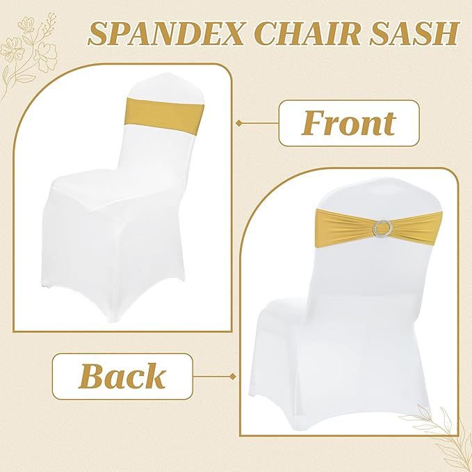 VDS - Gold | Spandex Chair Sashes Bows | 25 PCS | Stretch Elastic Banquet Universal Folding Chair Band Tie with Silver Buckle Slider for Wedding Party Conference Celebration Event Decoration