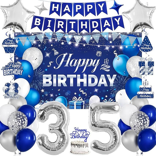 35th Birthday Decorations for Men & Women, Navy Blue and Silver Happy 35th Birthday Party Decorations with Number Balloons, Hanging Swirls, Cake Topper for 35 Years Old Party Supplies