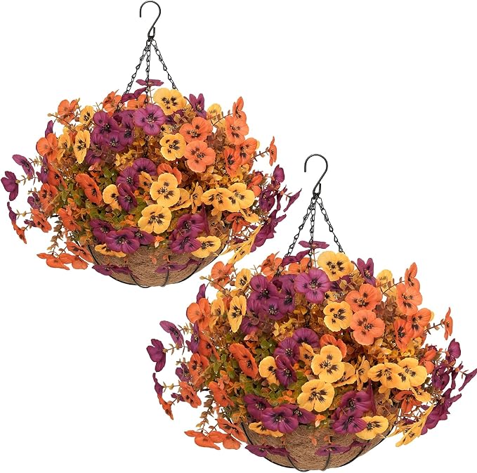 2 Set Artificial Fall Hanging Flower Baskets for Outdoor Autumn Decor, 2 Fall Hanging Baskets with 24Pcs Silk Fake Mums Plants for Front Porch Garden Patio Balcony Yard Home Decoration