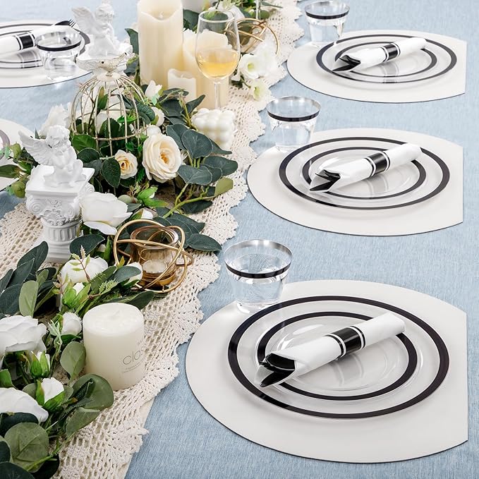 I00000 210 Pcs Clear and Black Plastic Plates, Disposable Dinnerware Set, Include 30 Dinner 30 Dessert Plates,30 Plastic Cups 9 OZ,30 Pre Rolled Napkins with Cutlery for Birthday, Wedding & Party