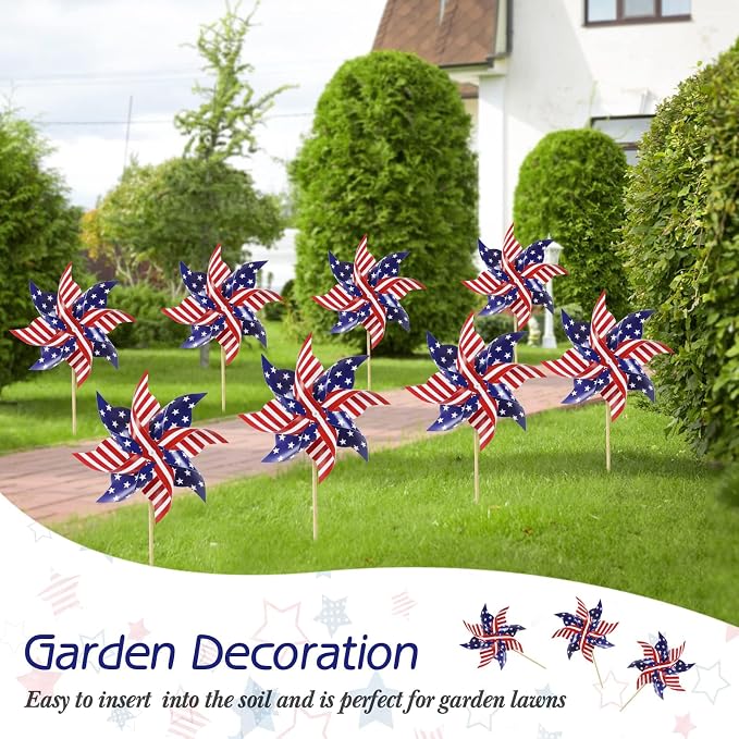 HOOSUN 4th of July Decorations,12Pcs American Flag Patriotic Pinwheels for Yard and Garden,Fourth of July Pinwheels Patriotic Memorial Day Decorations,Garden Wind Spinners,Pinwheel for Kids,Lawn,Patio