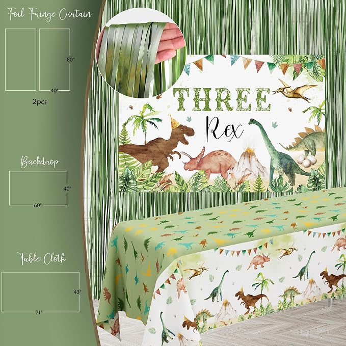 Three Rex Birthday Party Decorations Boy, Dinosaur 3rd Birthday Party Supplies, Three Rex Backdrop Tablecloth Fringe Curtain Balloon Arch Cake Topper Birthday Banner Hat
