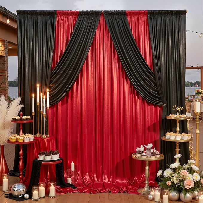 20ft x 10ft Red Black Sequin Backdrop Curtain for Parties, Wrinkle Free Glitter Photo Backdrop Drapes 4 Panels 5x10ft Back Drop Cloth for Wedding Photography Background
