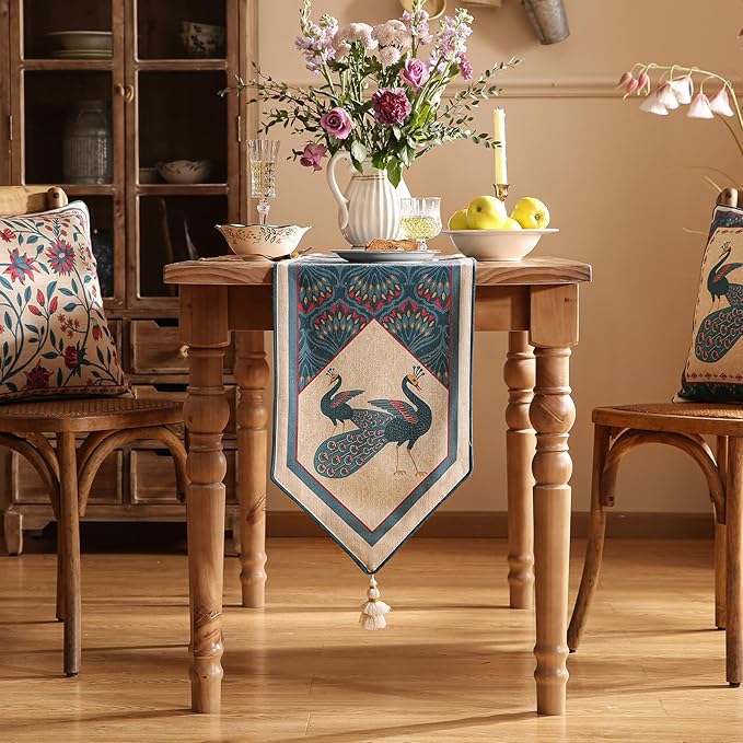 bilin gaier Vintage Blue Peacock Small Table Runner for Table,Decorative Linen 63 Inches Long Table Runners,Decor Tabletop for Kitchen,Dining,Tea Party,Home,Christmas,12"x63"