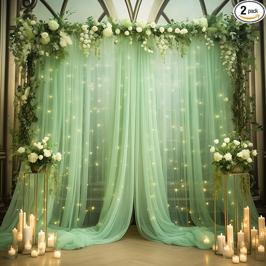 10x8ft Olive Green Tulle Backdrop Curtain with Lights String for Parites, Sheer Photo Backdrop Drapes with Lights for Wedding Backdrop Ceremony Reception Bridal Shower Baby Shower Birthday Party