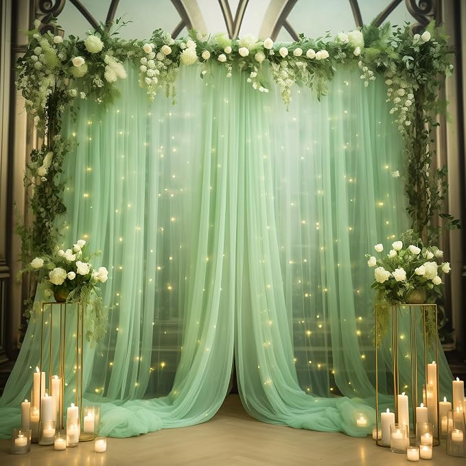 30x10ft Olive Green Tulle Backdrop Curtain with Lights String for Parites, Sheer Photo Backdrop Curtains with Lights for Wedding Backdrop Ceremony Reception Bridal Shower Baby Shower Birthday Party