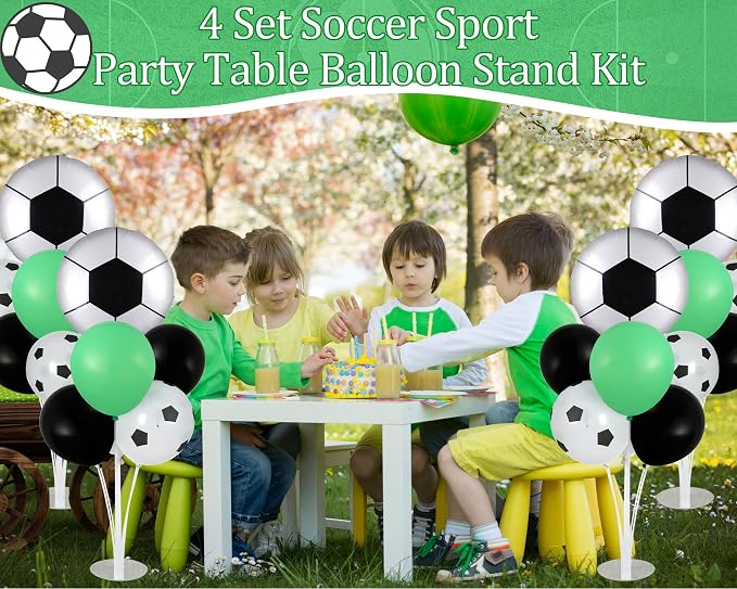 Soccer party Balloons Stand Kit 2 Sets with 2 Soccer Foil Balloons Arch Kit Green White Black Themed Centerpiece for Tables for 2026 World Men Boys Football Game Sports Birthday Party Decorations