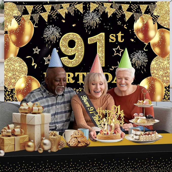 91st Birthday Decorations Men Women with 91st Birthday Banner, Black and Gold Table Cloth, Number Balloons, Large Sash, Cake Topper and Candles