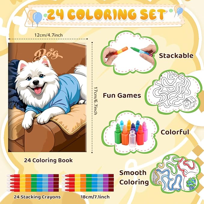 BenLouis 24 Dog Mini Coloring Books Kids with 24 Stacking Crayons Cute Puppy Party Favors Activity Books Bulk for Kids Pet Paw Goodie Bag Gift Stuffer Classroom Reward