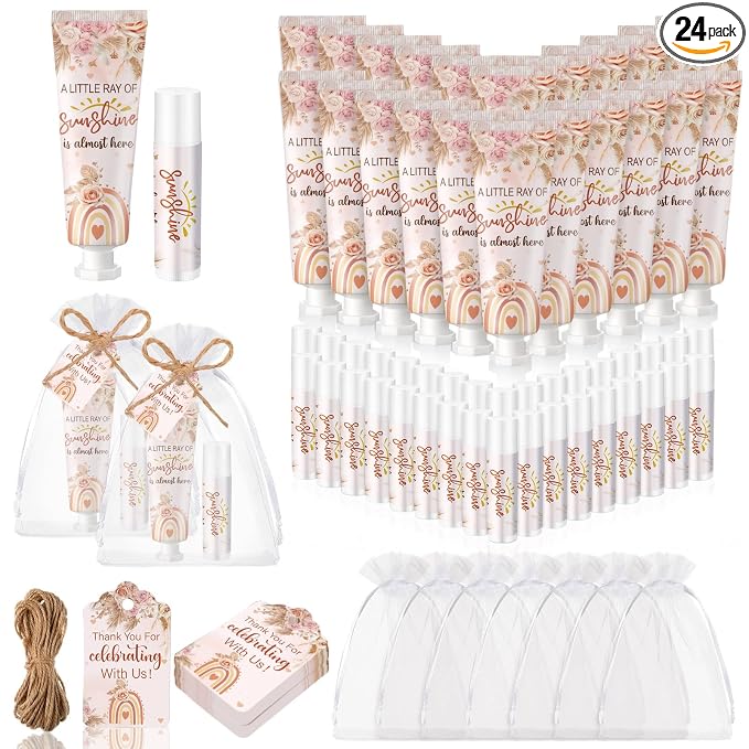 Lounsweer 24 Sets Boho Baby Shower & Baby Sprinkle Favors for Guests Rainbow Sunshine Hand Cream and Lip Balm Gift Set with Organza Bags and Thank You Cards Travel Size Lotion