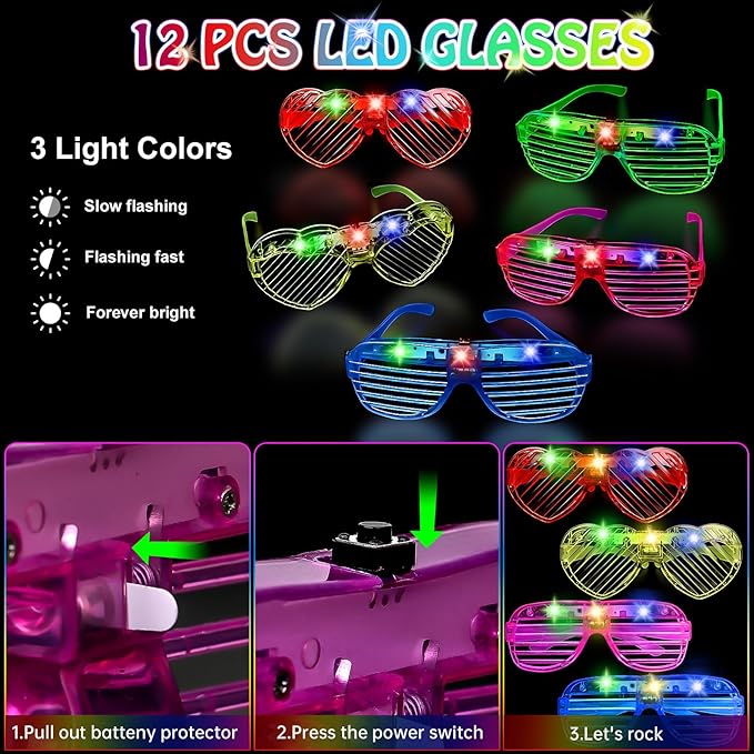 156 PCS Glow in the Dark Valentines Day Party Supplies, 12 Light Up Pop Tubes, 12 LED Glasses, 12 Light Up Headband, 20 Finger Lights and 100 Glow Sticks, Neon Party Favors for Glow Party, Birthday