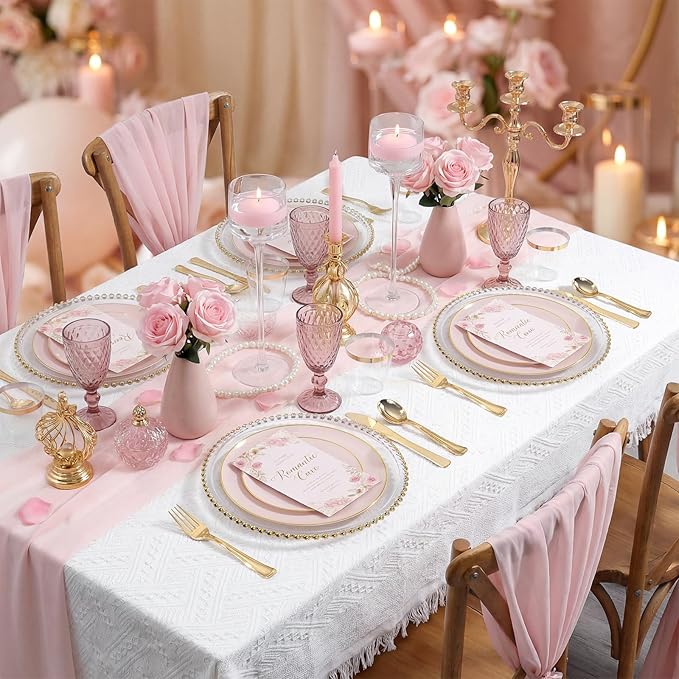 WDF 300Pcs Pink Plates Disposable - Pink and Gold Plastic Dinnerware Set for 50 Guests Include 50 Dinner & Cake Plates & 50 Disposable Cutlery & 50 9oz Cups for Wedding/Baby Shower/Spring/Mother's Day