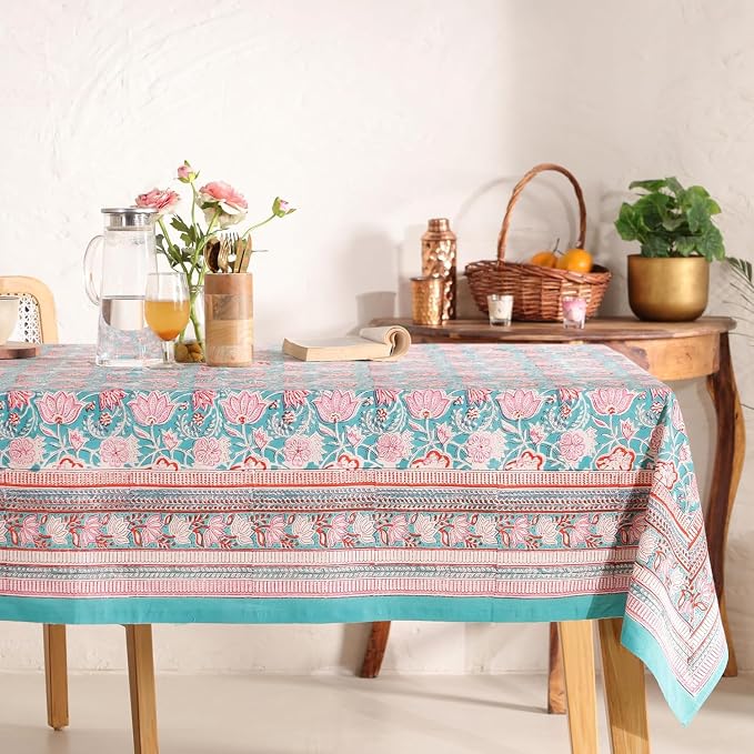 Hand Block Printed Tablecloth, Colorful Floral Print, Indian Artisan Handmade Art, Dining Room, Kitchen, Outdoor Décor, (Green Delight, 8 Seater 72 x 108 Inches Rectangle)