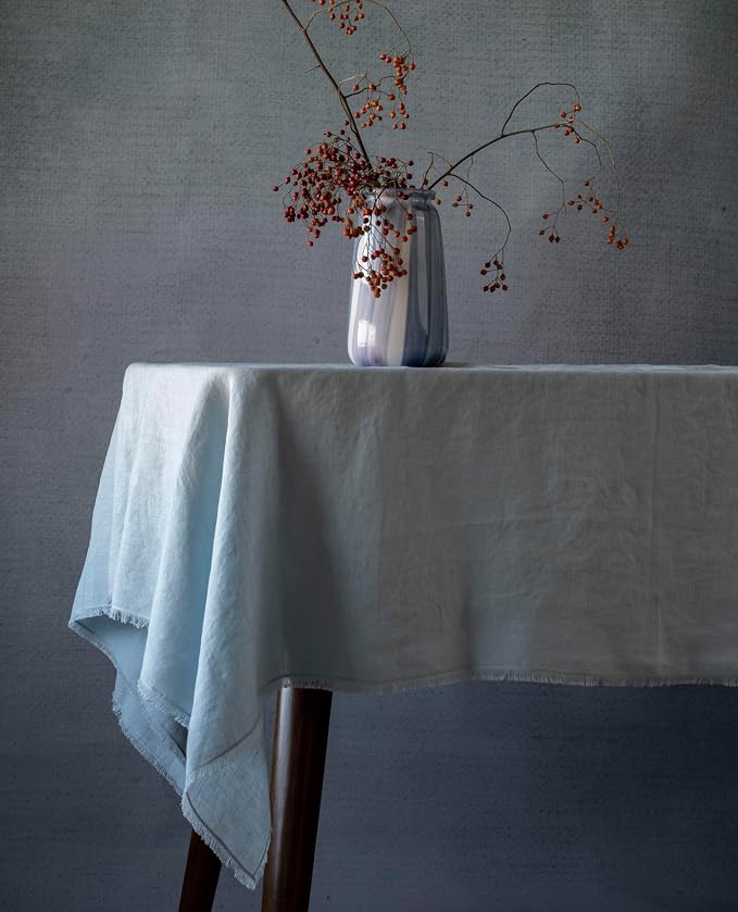 100% Pure Linen Tablecloths with Fringe, 55x55 Inch Light Blue Linen Table Cloth for Wedding, Party, Easter,Thanksgiving, Machine Washable