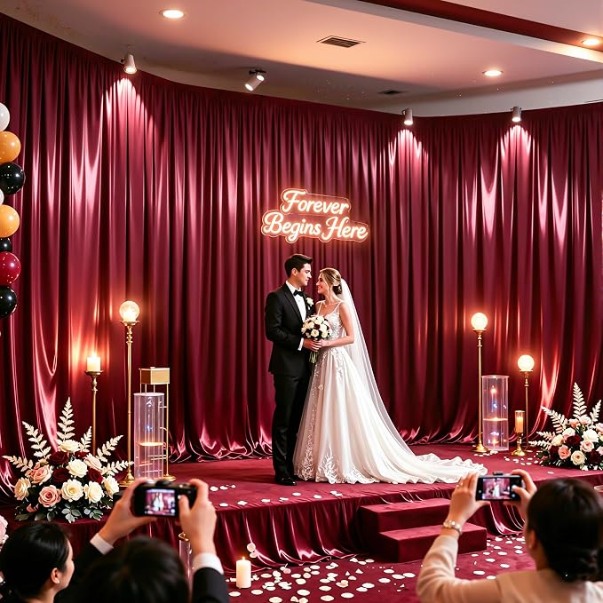 40x10ft Burgundy Glitter Backdrop Curtain for Parties, Wrinkle Free Satin Photo Backdrop Drapes 8 Panels 5x10FT Shimmer Back Drop Cloth for Wedding Birthday Baby Shower Photography Background Decor