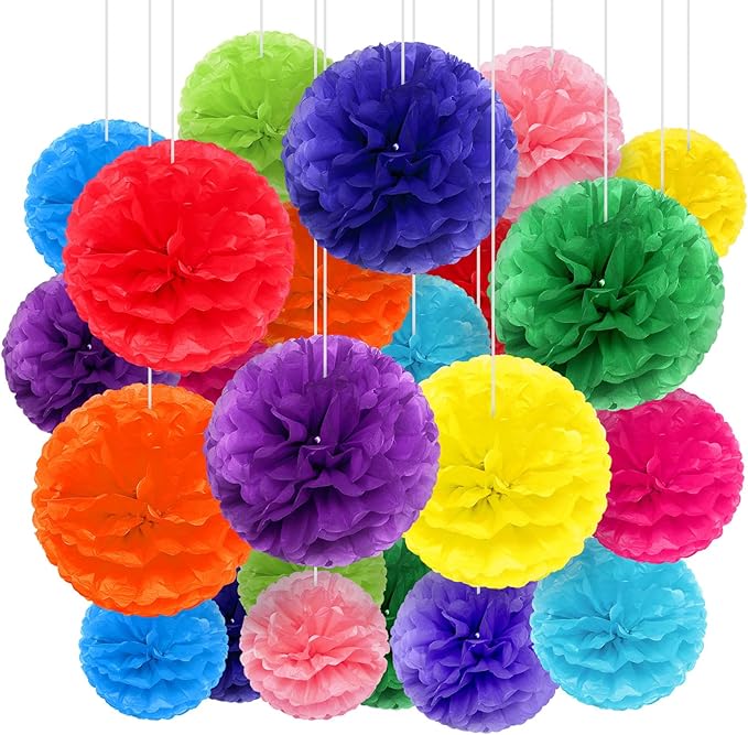 Yeaqee 30 Pcs Multicolor Large Tissue Paper Pom Poms Decorations 14''/ 12''/ 10'' Tissue Paper Flowers Large Hanging Rainbow Wall Decor for Fiesta Birthday Party Baby Shower Wedding Celebration