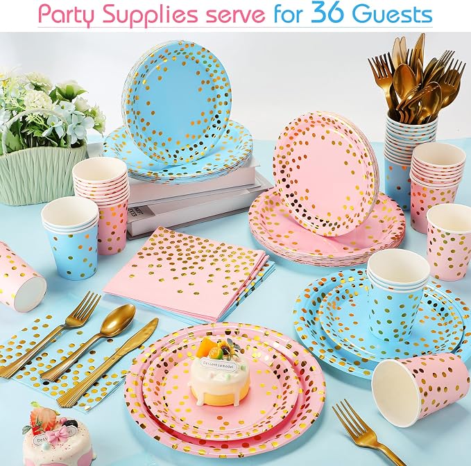 Tegeme Gender Reveal Party Supplies Pink and Blue Gold Dot Paper Plates Napkins and Tablecloths Set with Cups Forks Knives Spoons 256 Pcs Tableware for 36 Guest Baby Shower Birthday Party Decoration