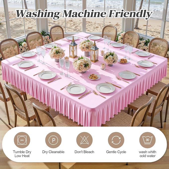 Wish Care Pink Spandex Tablecloths for 60x60 Inch Square Tables, Stretch Fitted Table Clothes with Pleated Ruffle Skirt for 60” Table, Wrinkle Free and Elastic, for Party Kitchen Home Dining