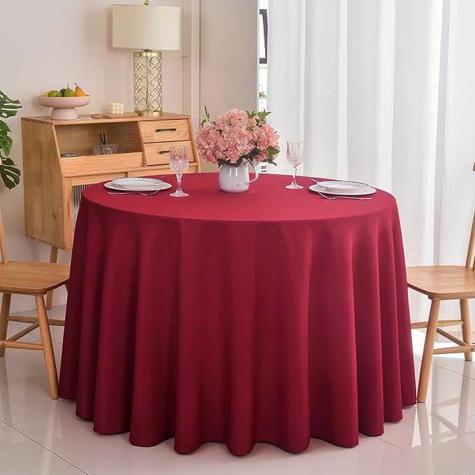 2-Pack Round 120-inch Burgundy Table Cloths, Solid Stain and Wrinkle Resistant Circular Tablecloth, Premium Plain Weave Polyester Fabric Table Linen Covers for Hotel, Banquet