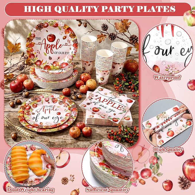Domensi 250 Pcs Fall Apple Baby Shower Decoration Apple of Our Eye 1st Birthday Party Paper Plates and Napkins Disposable Tableware Sets for Fruit Theme Baby Shower Decors Party Supplies