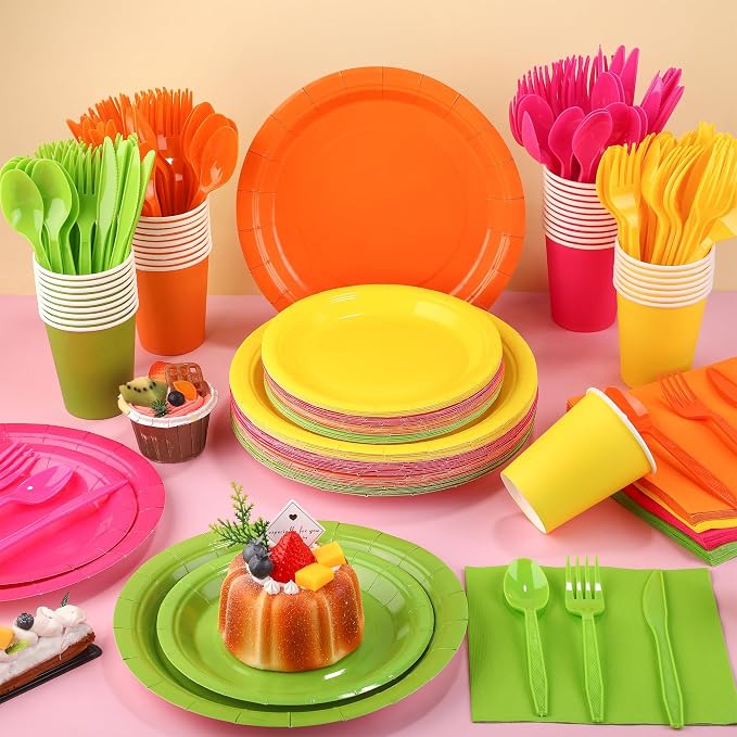 Kochorie 350 Pieces Neon Dinnerware Set, 7 & 9 inch Dessert Paper Plates Cups Napkins Plastic Cutlery Disposable Party Supplies for Neon Glow Party Birthday Baby Shower Wedding, Serve 50 Guests