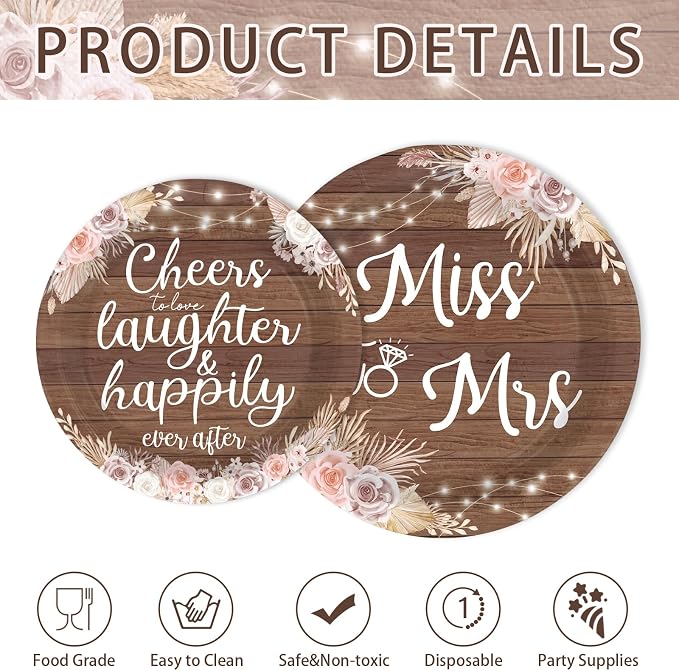 250Pcs Rustic Bridal Shower Decorations love laughter and happily ever after Plates and Napkins Miss to Mrs Decorations Favor for Boho Floral Vintage Wedding Engagement Dinner Party Supplies Serves 50