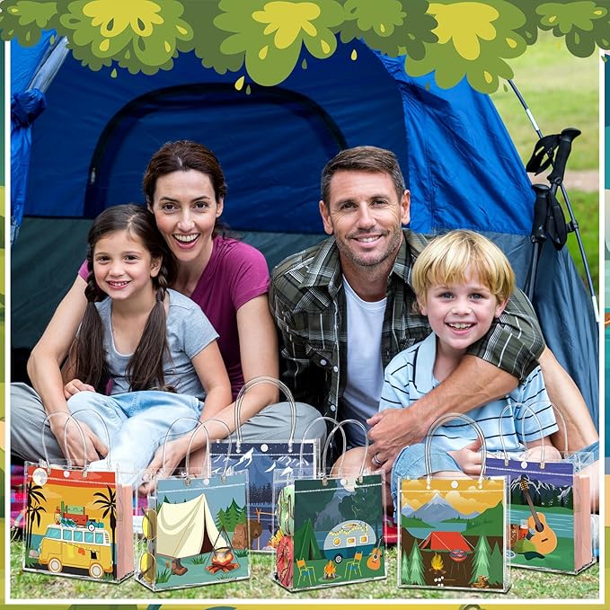 Teenyyou 24 Pcs Camping Theme Clear Gift Bags with Handles Outdoor Adventure Transparent Tote Bags Reusable PVC Gift Container for Camping Theme Party, Bridal Shower, Birthday Party Favors