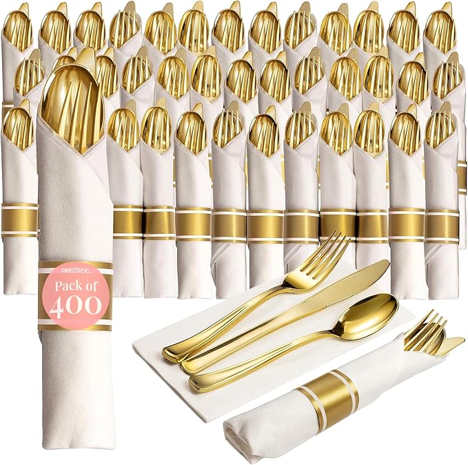 Prestee 400 Pieces Gold Silverware Set for 100 Guests - Premium Pre Rolled Disposable Plastic Silverware Set with Napkins - Wrapped Utensils with Forks, Knives, Spoons, Napkins for Weddings and Events
