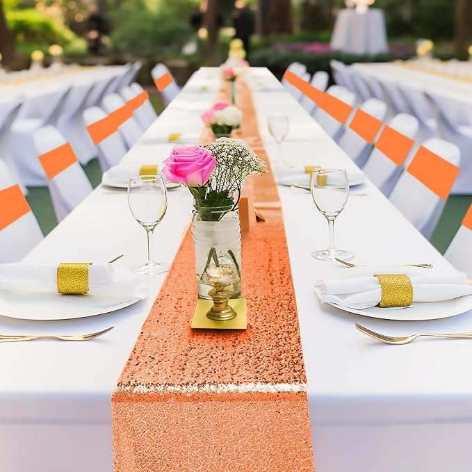 Newwiee Sequin Chair Sashes and Table Runners, Sequin Chair Bows, Glitter Table Runners for Birthday Party Wedding Banquet Holiday Decorations (Orange,54 Pcs)