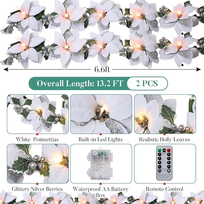 Zubebe 2 Pcs Prelit Poinsettia Christmas Garland with String Lights Glitter Holly Leaves Berries Remote Timer 8 Modes 6.5 ft Lighted Flower Garland Battery Operated Indoor Outdoor Decor(White)