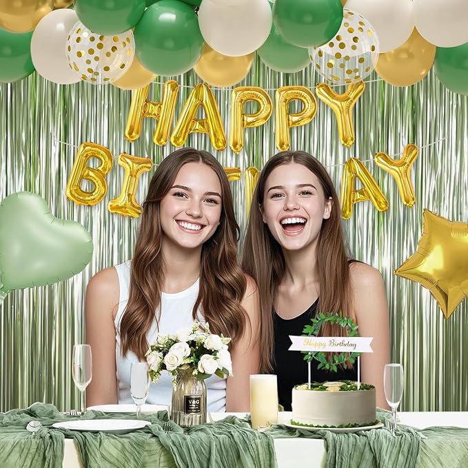 Sage Green Birthday Decorations, Boho Birthday Party Decorations with Green Gold Balloons Table Runner Happy Birthday Banner, Neutral Birthday Decorations for Women Adults