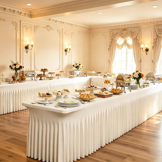 Shillance 8 Packs Ivory Spandex Table Covers 8 Foot, Fitted Stretch Table Cloth with Skirts 96x30 Inch, Wrinkle-Free Floor Length Rectangle Tablecloths for Weddings Parties Banquets Events