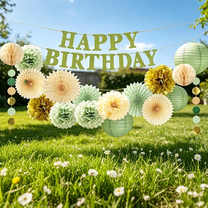 Sage Green Birthday Party Decorations Kit, Paper Fans, Pom Poms, Lanterns, Garland, Happy Birthday Banner, Crown & Birthday Girl Sash