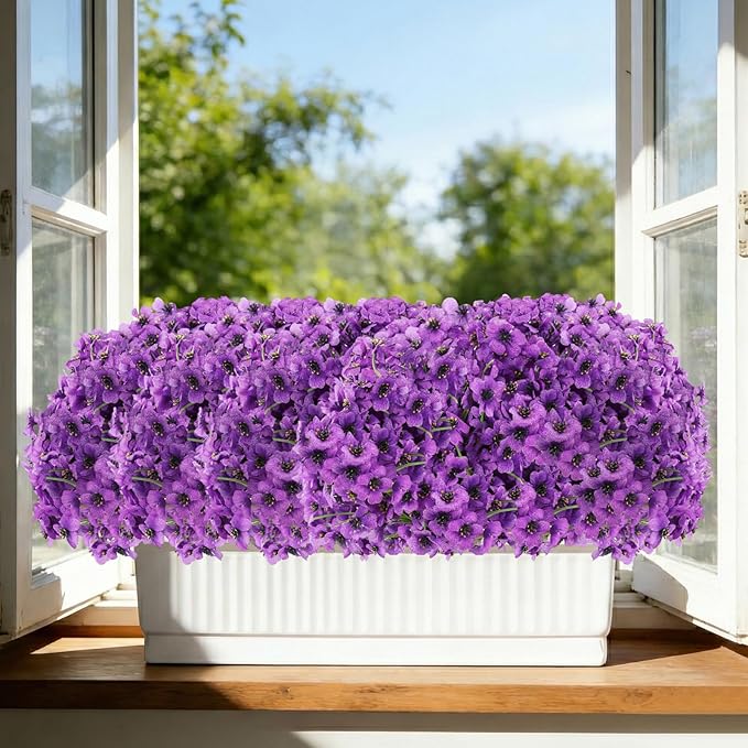 Powbrace 60 Pack Artificial Flowers for Outdoor Indoor Fake Plants, Faux Silk Flowers for Outdoors Outside Front Porch Hanging Planter Window Box Garden Spring Decoration(Purple)